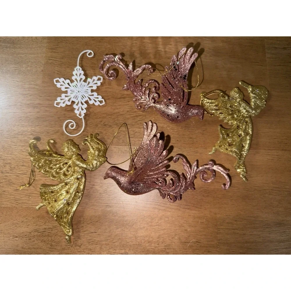 5pc Christmas Ornament Set Gold Angels Rose Gold Birds White Snowflake Glitter